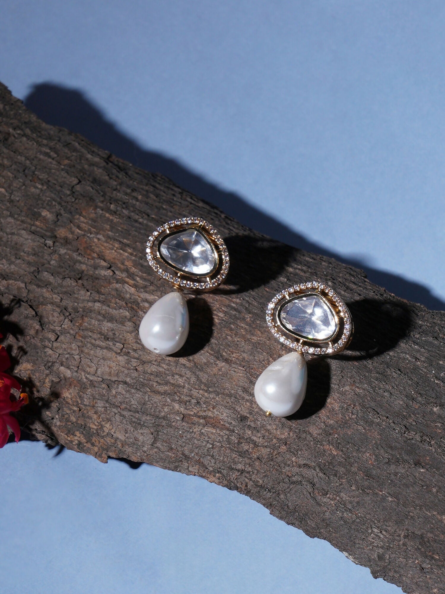 Kundan Studs with Pearl Drop (Gold) - Ruby Raang - Distacart