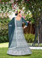 Teal Net Embroidered Semi Stitched Lehenga Choli with Dupatta - Bhagya