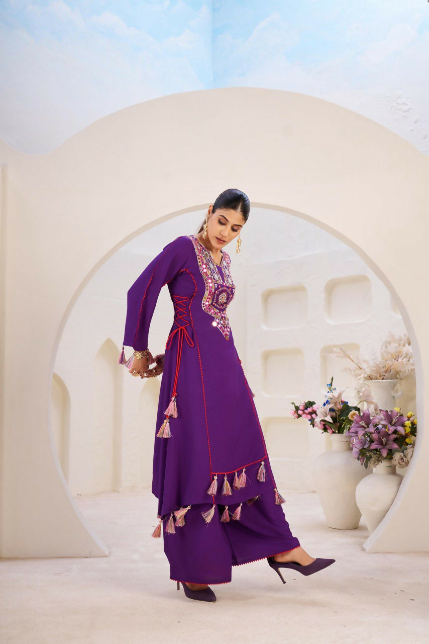 The52 Women's Gorgeous Rayon Fabric Thread Work Straight Kurta Palazzo Set - Distacart