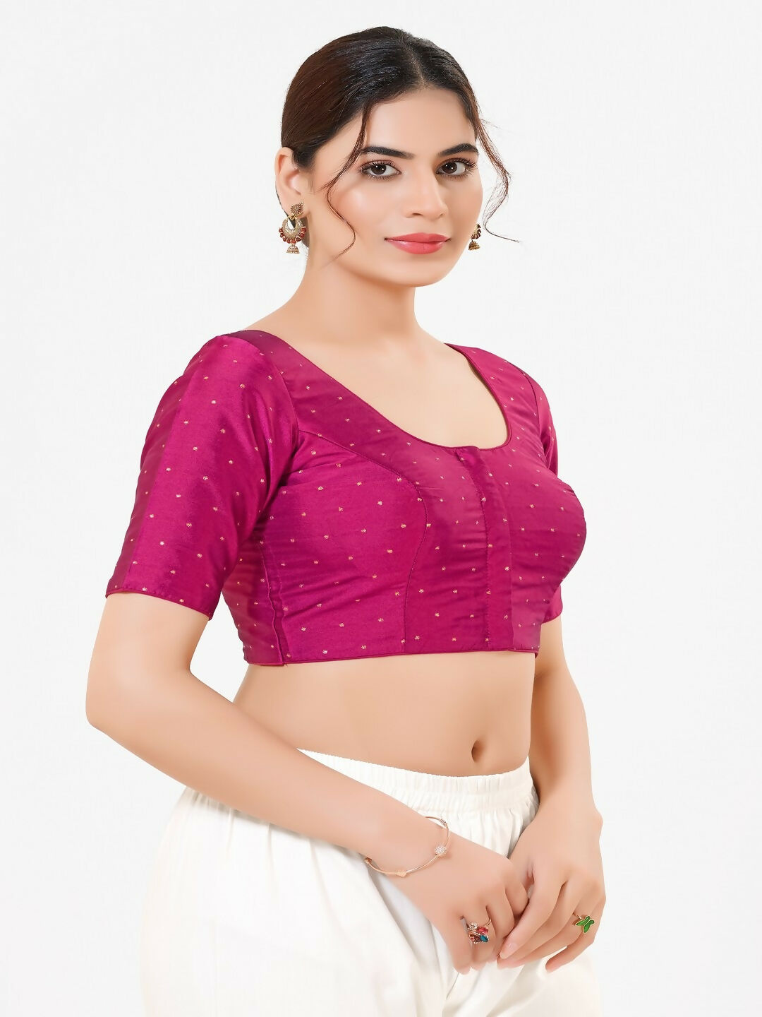 Joban Fashion Magenta Taffeta Silk Elbow Sleeveless Front Open Blouse