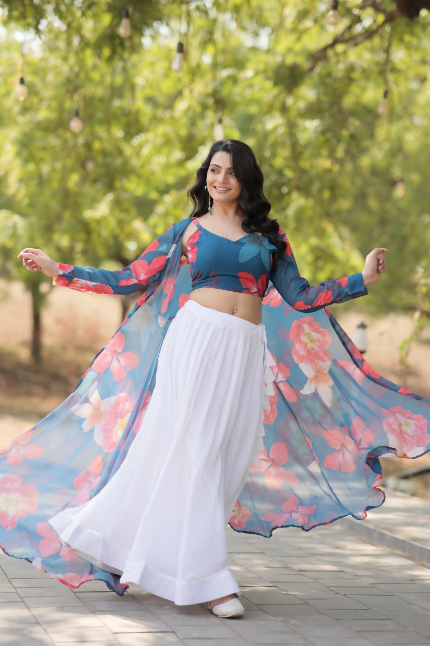 Vastranavya Latest Fancy Party Wear Lehenga Choli With Shrug - Blue