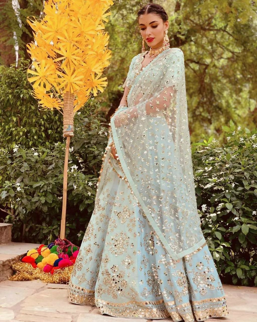 Jyoti Fashion Women's Sky Blue Mulberry Silk Paper Mirror with Zari Embroidered Designer Lehenga Choli Set
