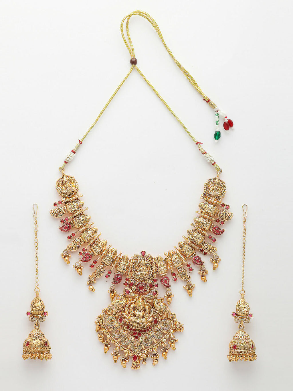 NVR Women's Gold-Polished Pink Stone Studded Lakshmi Temple Jewellery Set