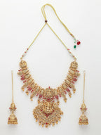 NVR Women's Gold-Polished Pink Stone Studded Lakshmi Temple Jewellery Set