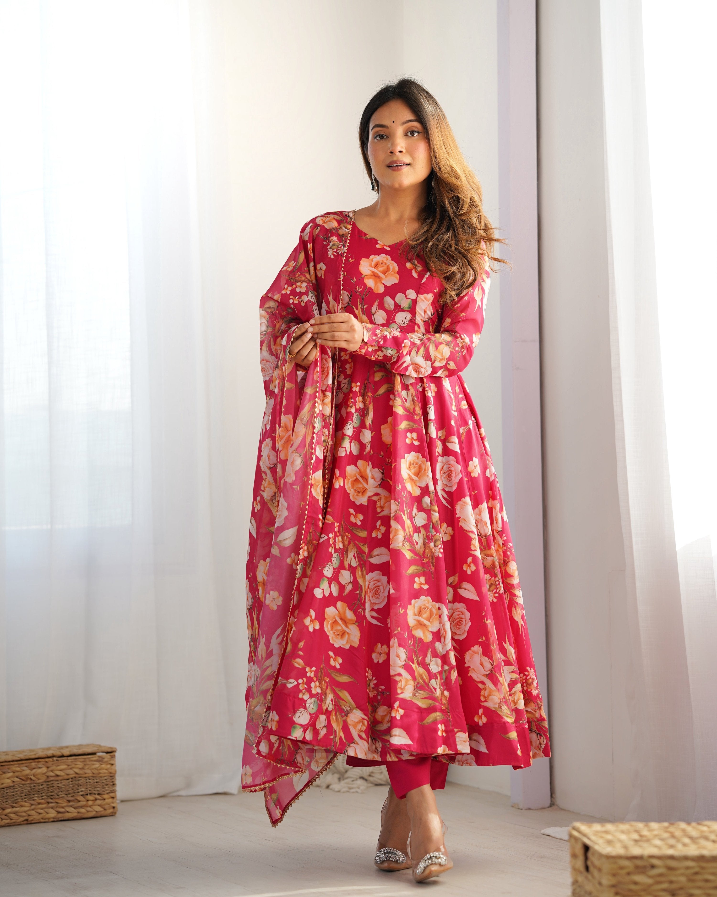 Lehenga Mart Organza Silk Anarkali Style Gown With Dupatta - pink
