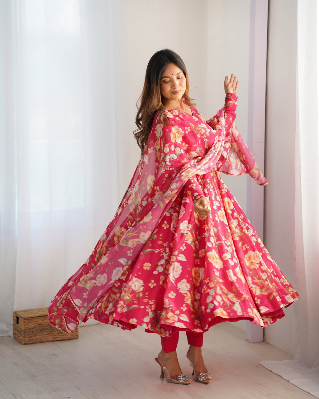 Lehenga Mart Organza Silk Anarkali Style Gown With Dupatta - pink