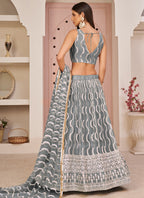 Vegaa Fashion Grey Butterfly Net Embroidery Thread Designer Lehenga