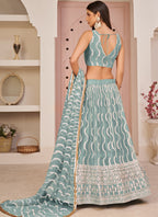 Vegaa Fashion Ocean Blue Butterfly Net Embroidery Thread Designer Lehenga