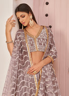 Vegaa Fashion Onion Pink Butterfly Net Embroidery Thread Designer Lehenga