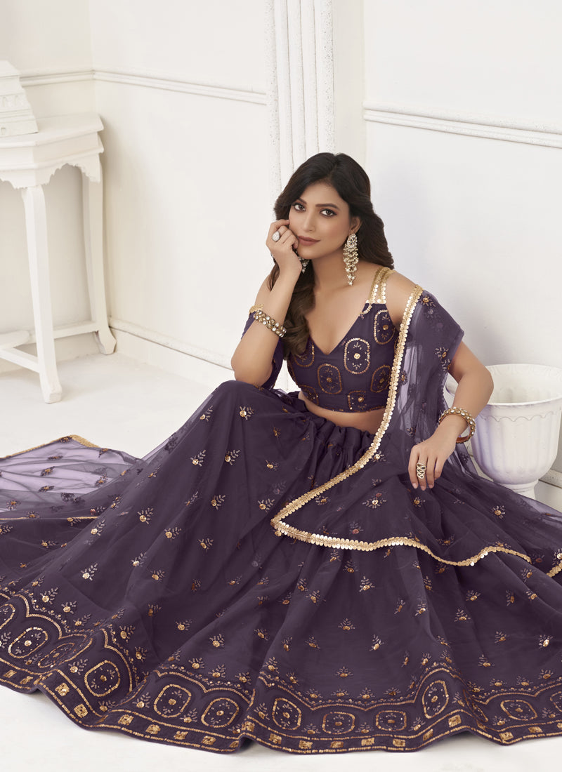 Vegaa Fashion Wine Butterfly Net Embroidery Thread Designer Lehenga