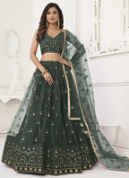 Vegaa Fashion Green Butterfly Net Embroidery Thread Designer Lehenga