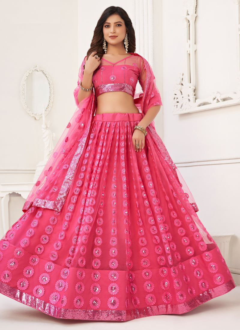 Vegaa Fashion Pink Butterfly Net Embroidery Thread Designer Lehenga