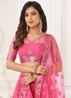 Vegaa Fashion Pink Butterfly Net Embroidery Thread Designer Lehenga