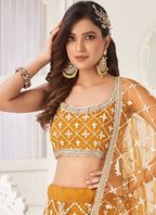 Vegaa Fashion Yellow Butterfly Net Embroidery Thread Designer Lehenga