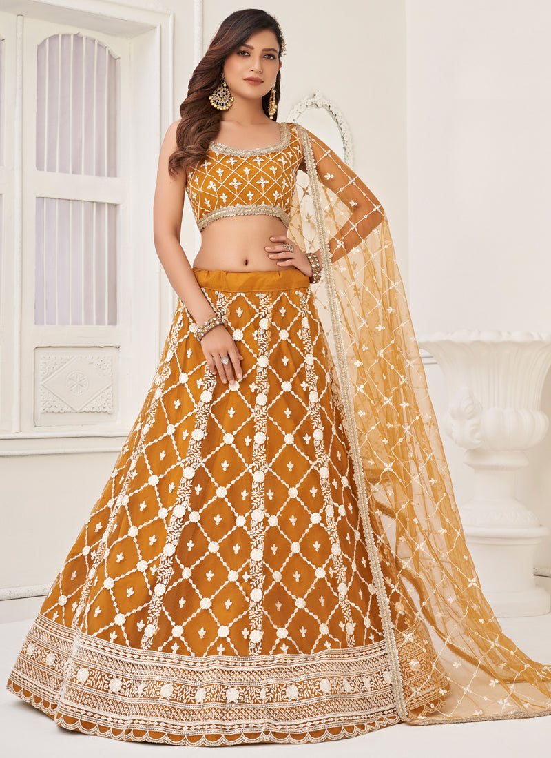 Vegaa Fashion Yellow Butterfly Net Embroidery Thread Designer Lehenga