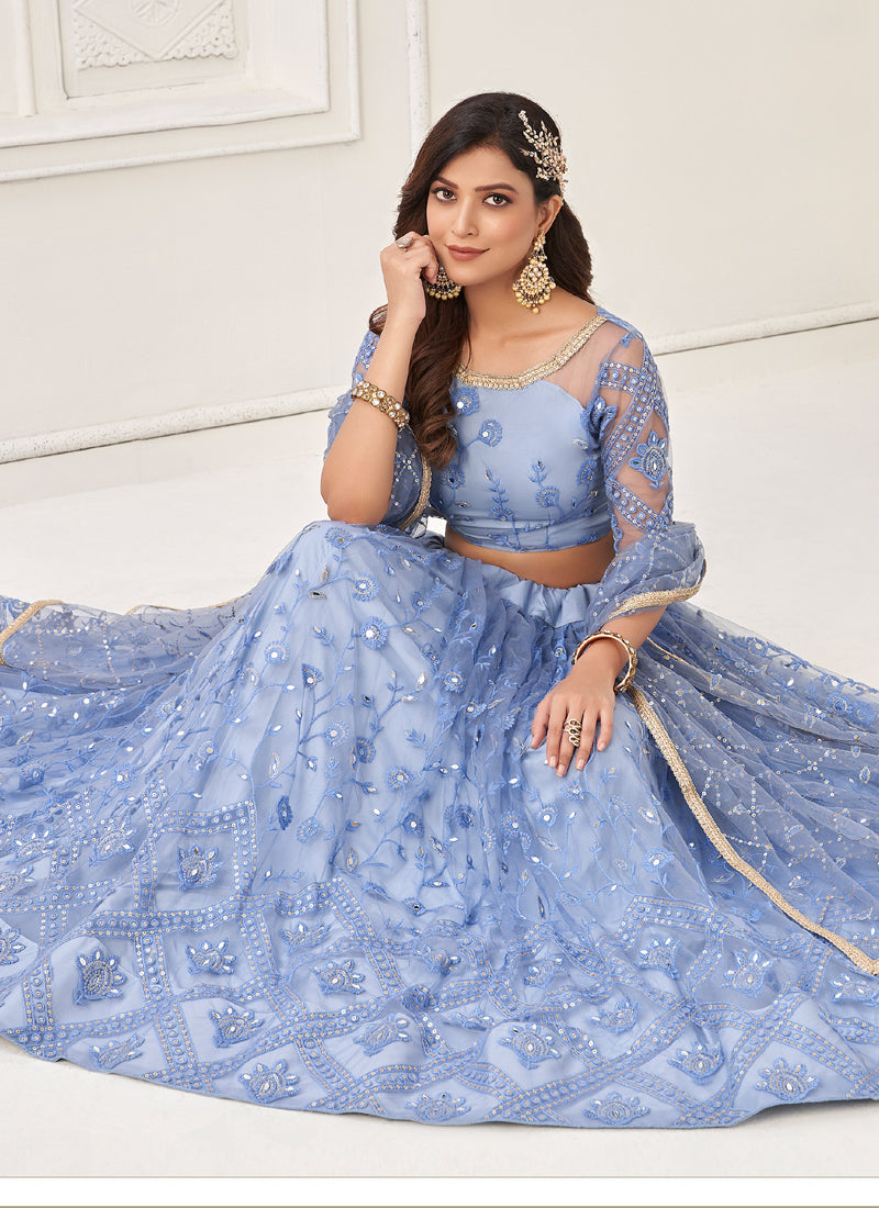 Vegaa Fashion Sky Blue Butterfly Net Embroidery Thread Designer Lehenga