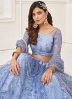 Vegaa Fashion Sky Blue Butterfly Net Embroidery Thread Designer Lehenga