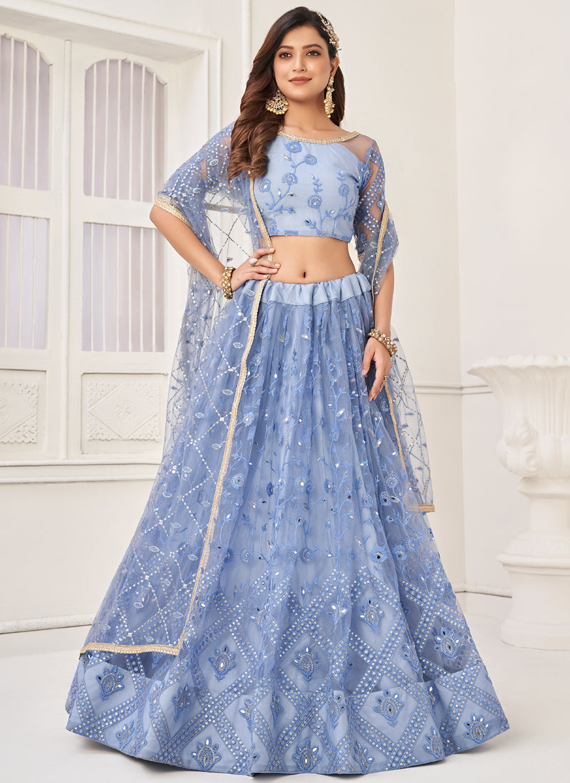 Vegaa Fashion Sky Blue Butterfly Net Embroidery Thread Designer Lehenga