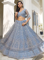 Vegaa Fashion Sky Blue Butterfly Net Embroidery Thread Designer Lehenga
