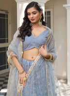 Vegaa Fashion Sky Blue Butterfly Net Embroidery Thread Designer Lehenga