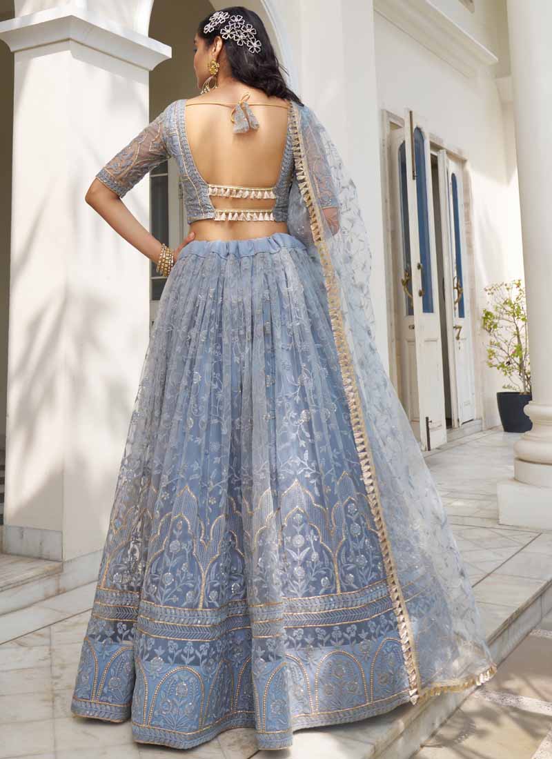 Vegaa Fashion Sky Blue Butterfly Net Embroidery Thread Designer Lehenga