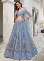 Vegaa Fashion Sky Blue Butterfly Net Embroidery Thread Designer Lehenga