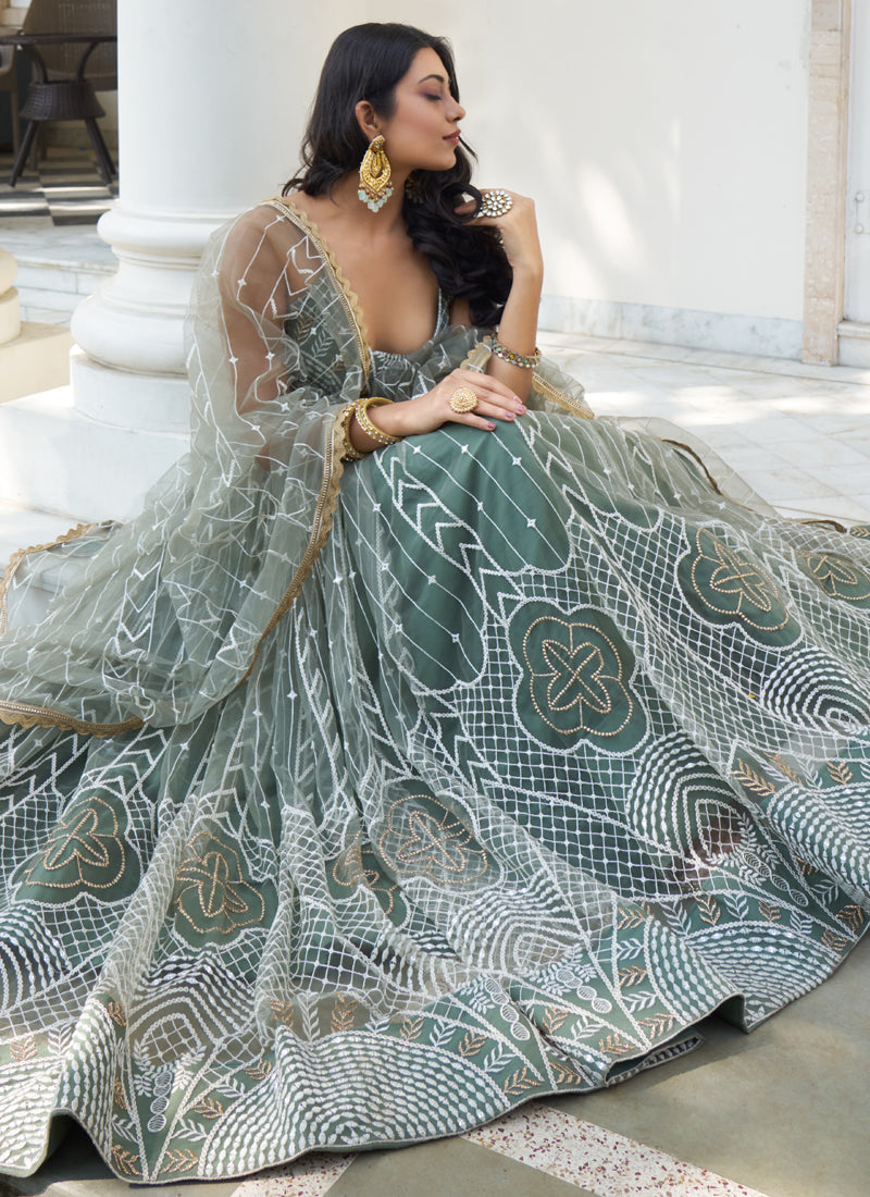 Vegaa Fashion Dusty Green Butterfly Net Embroidery Thread Designer Lehenga
