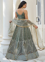 Vegaa Fashion Dusty Green Butterfly Net Embroidery Thread Designer Lehenga