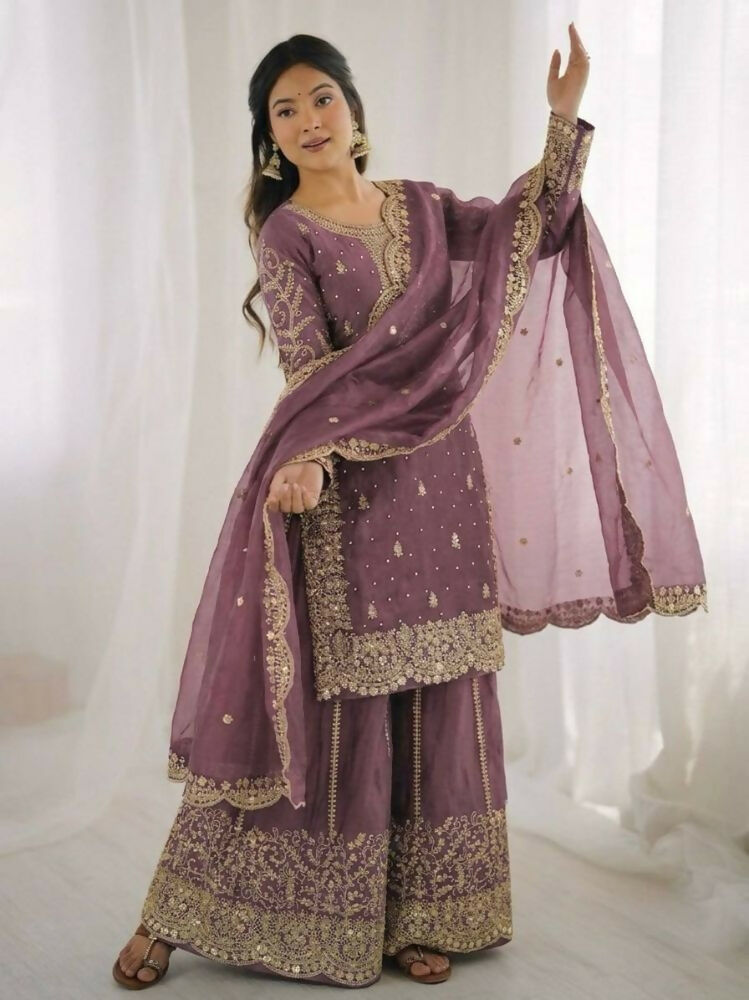 Teeya Creation Onion Color Fendy Silk Embroidery Work Wedding Wear Salwar Suit - Distacart