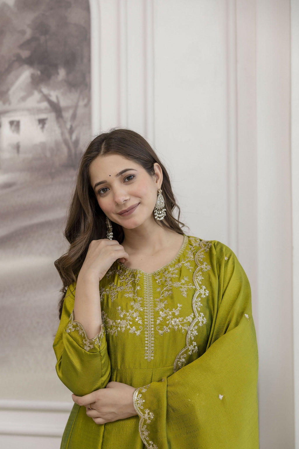The52 Light Green Women's Beautiful Vichitra Silk Fabric Embroidered Work Flared Anarkali Pant and Dupatta Set - Distacart