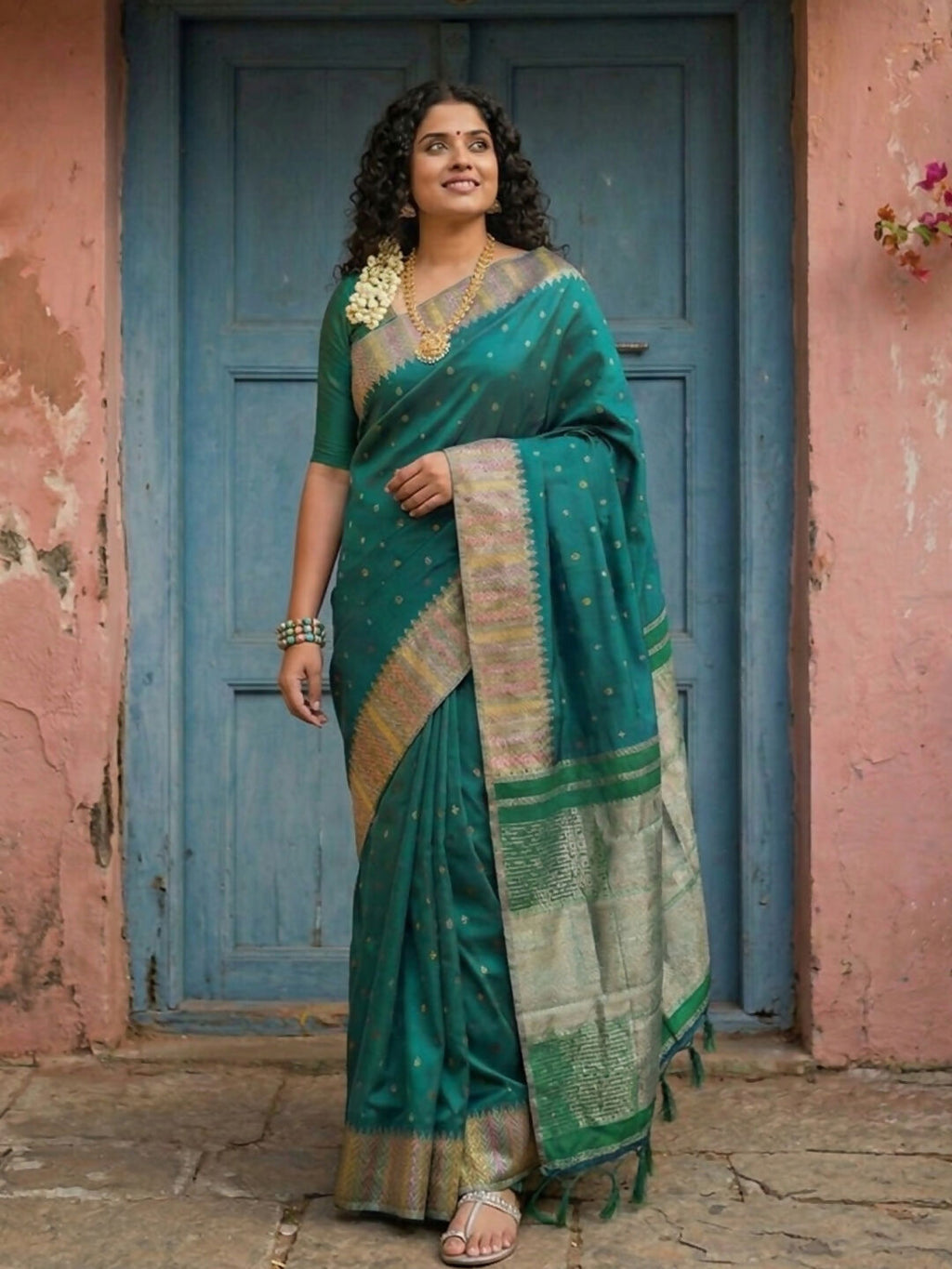 Shree Shyam Fashion Dark Green Silk Blend Saree - Distacart