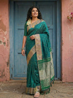 Shree Shyam Fashion Dark Green Silk Blend Saree - Distacart