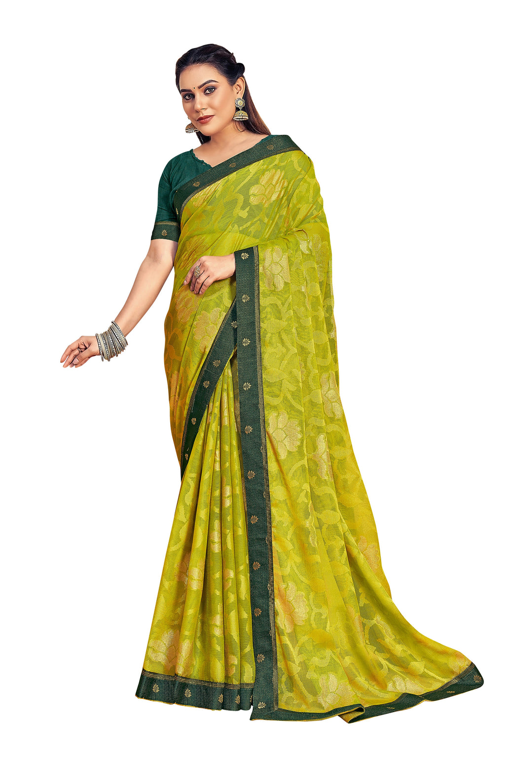Vamika Light Green Designer Chiffon Brasso Saree With Exclusive Banarasi Lace