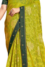Vamika Light Green Designer Chiffon Brasso Saree With Exclusive Banarasi Lace
