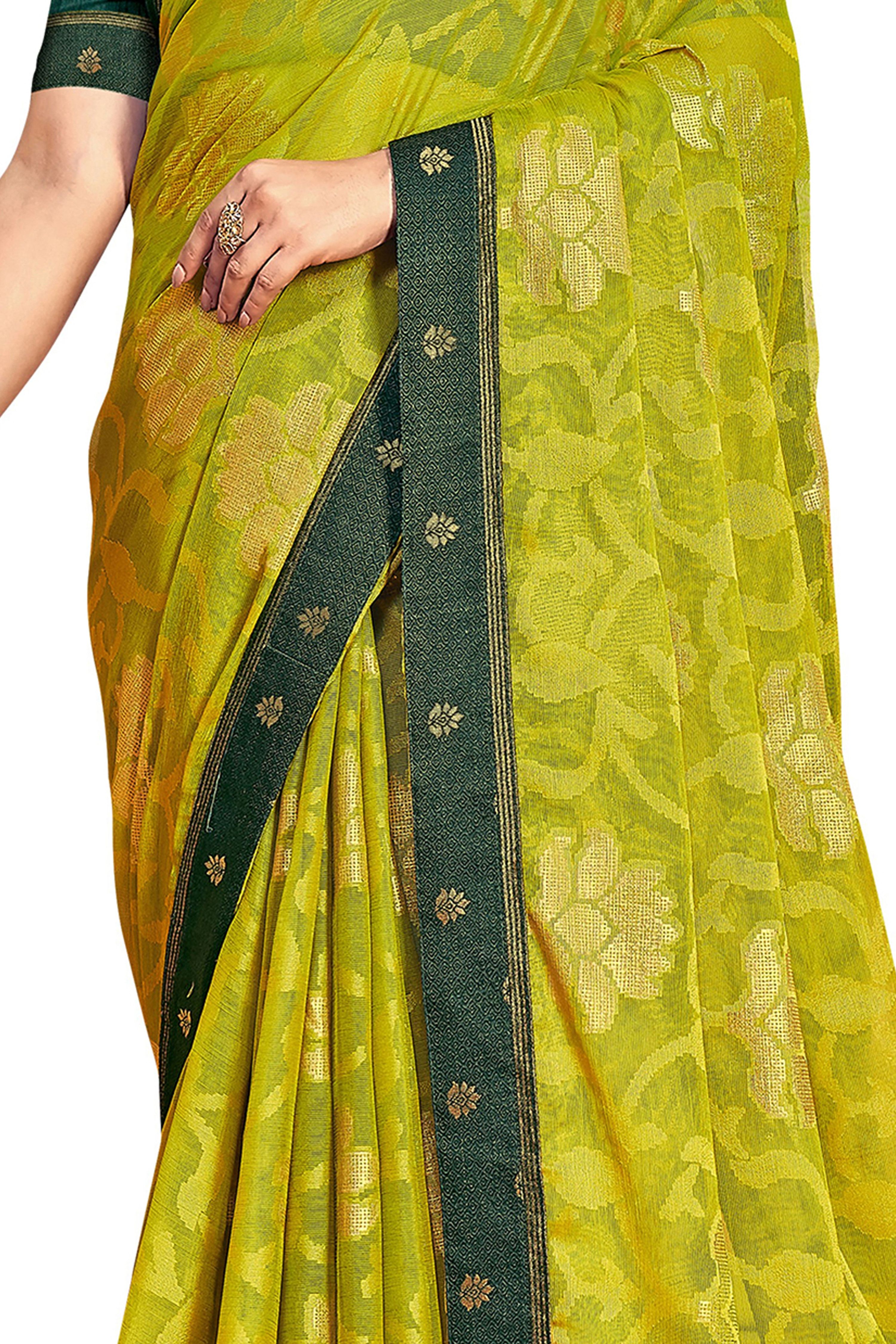 Vamika Light Green Designer Chiffon Brasso Saree With Exclusive Banarasi Lace