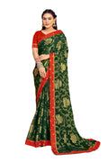 Vamika Dark Green Designer Chiffon Brasso Saree With Exclusive Banarasi Lace