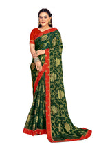 Vamika Dark Green Designer Chiffon Brasso Saree With Exclusive Banarasi Lace