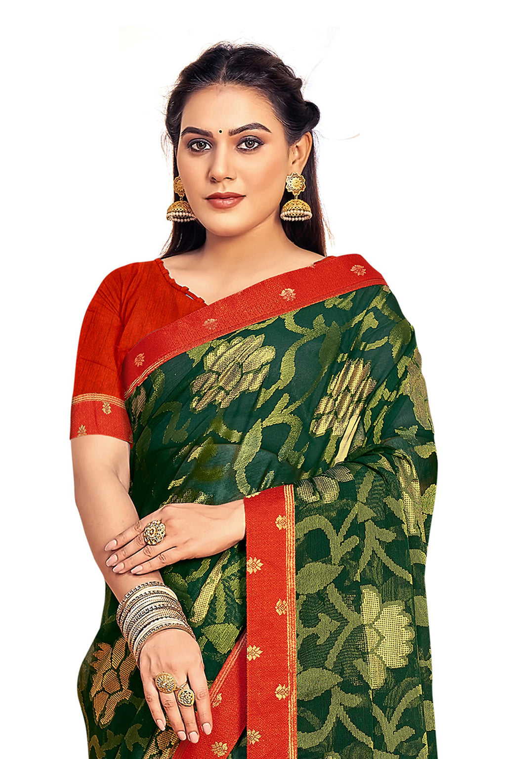 Vamika Dark Green Designer Chiffon Brasso Saree With Exclusive Banarasi Lace