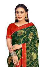 Vamika Dark Green Designer Chiffon Brasso Saree With Exclusive Banarasi Lace