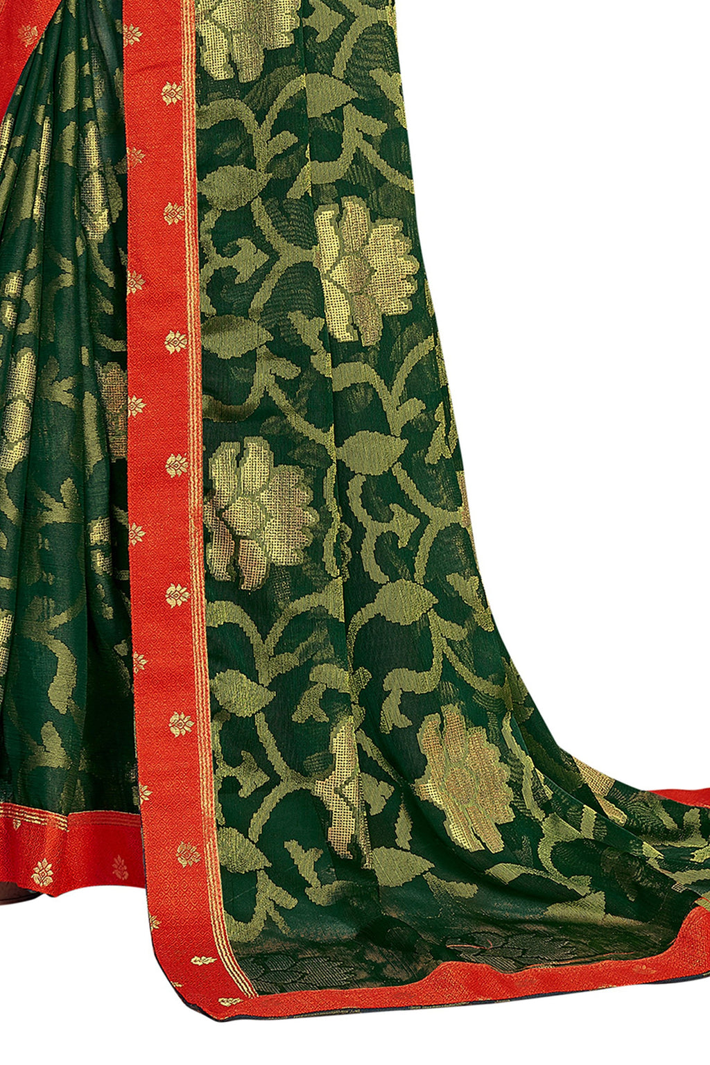 Vamika Dark Green Designer Chiffon Brasso Saree With Exclusive Banarasi Lace