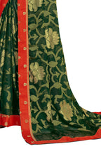 Vamika Dark Green Designer Chiffon Brasso Saree With Exclusive Banarasi Lace