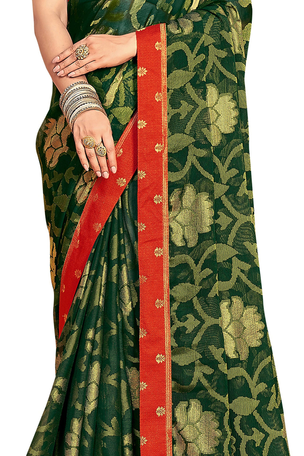 Vamika Dark Green Designer Chiffon Brasso Saree With Exclusive Banarasi Lace