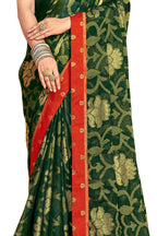 Vamika Dark Green Designer Chiffon Brasso Saree With Exclusive Banarasi Lace