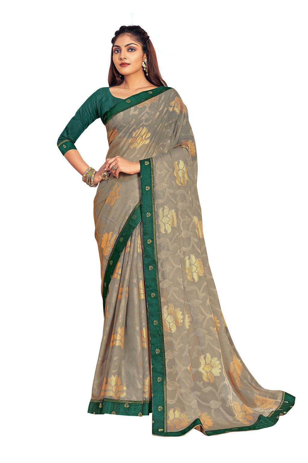 Vamika Grey Designer Chiffon Brasso Saree With Exclusive Banarasi Lace