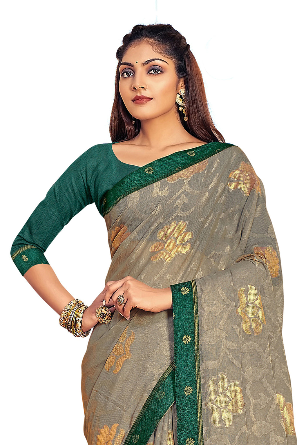 Vamika Grey Designer Chiffon Brasso Saree With Exclusive Banarasi Lace