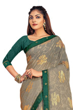 Vamika Grey Designer Chiffon Brasso Saree With Exclusive Banarasi Lace