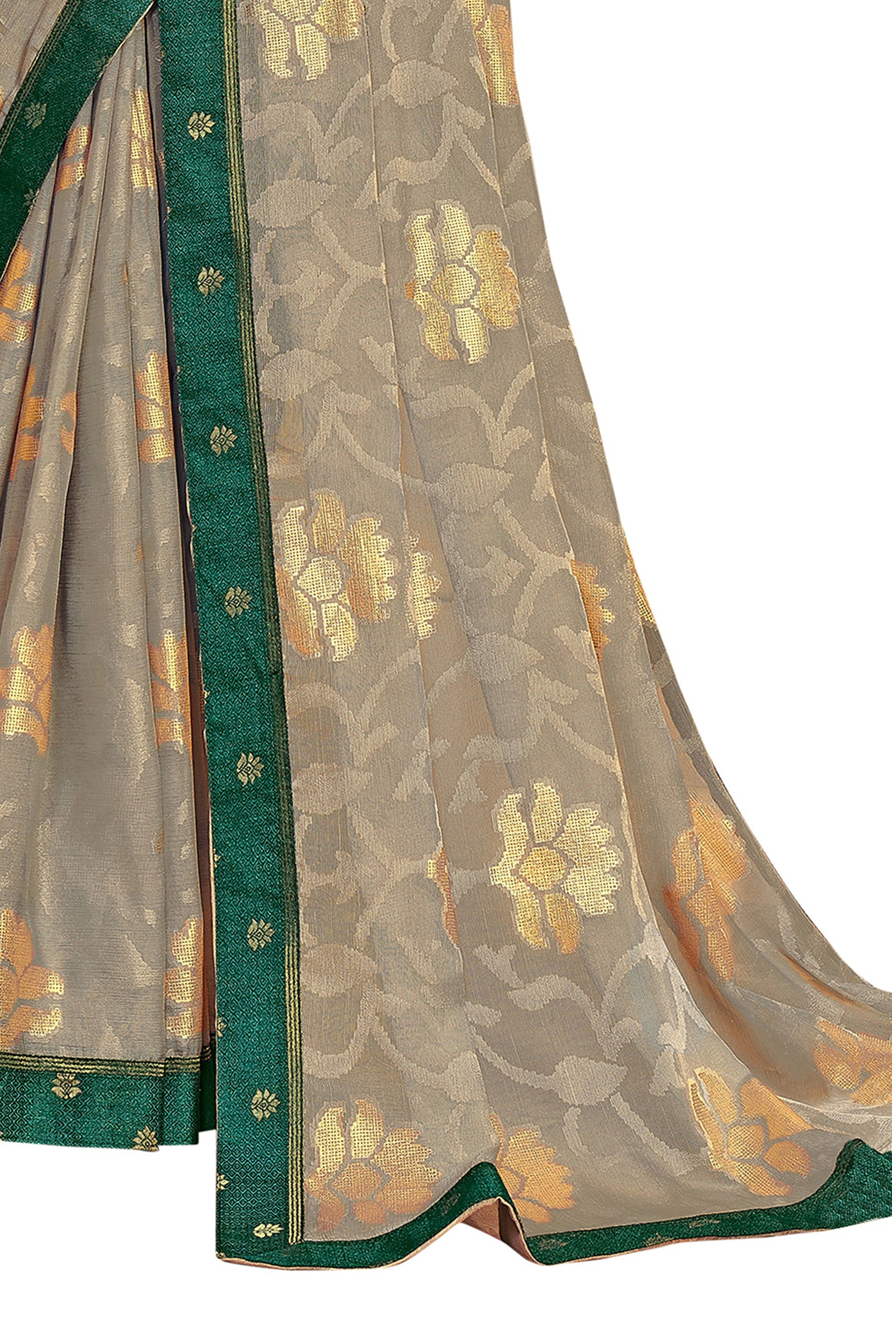 Vamika Grey Designer Chiffon Brasso Saree With Exclusive Banarasi Lace