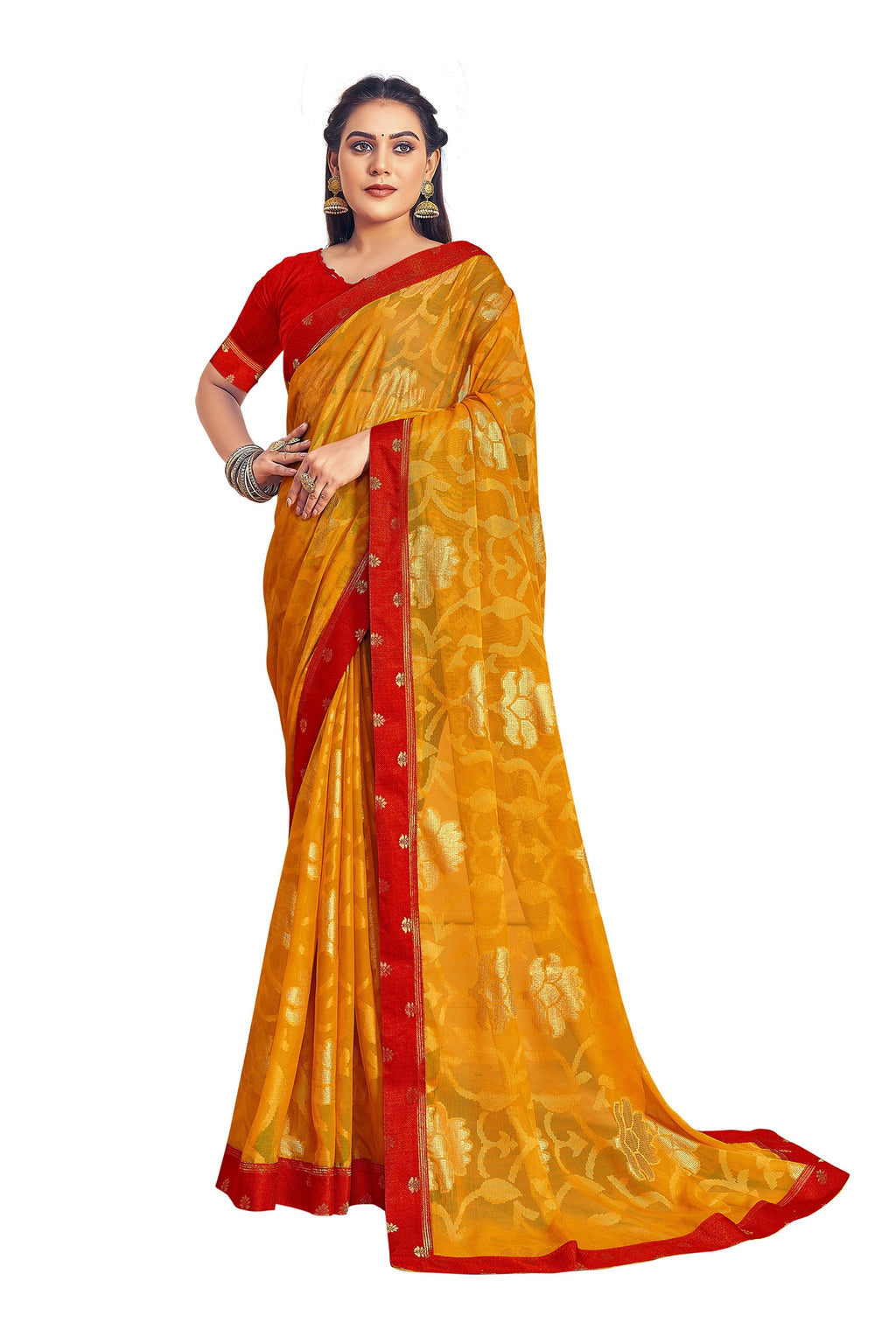 Vamika Yellow Designer Chiffon Brasso Saree With Exclusive Banarasi Lace