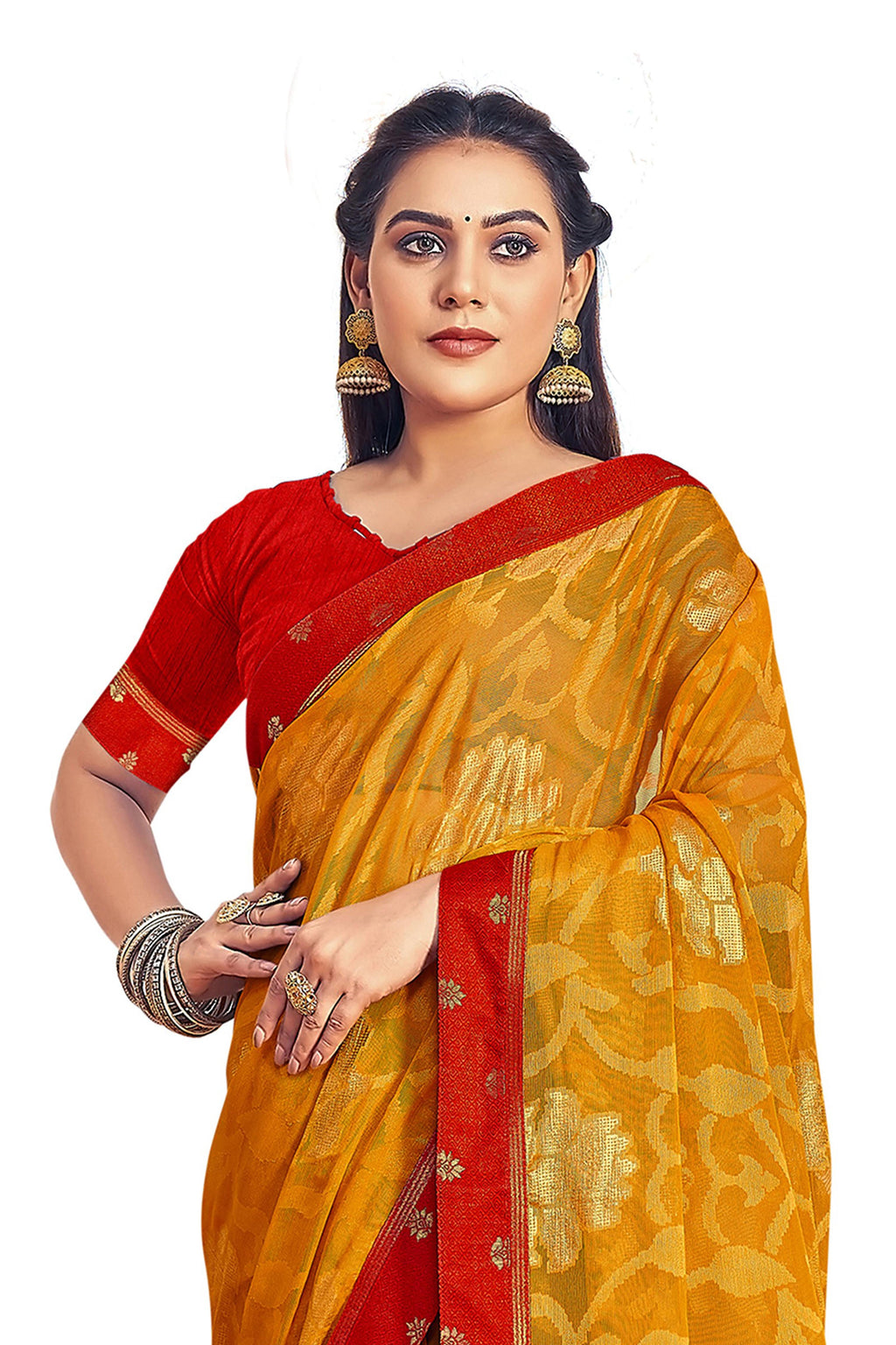 Vamika Yellow Designer Chiffon Brasso Saree With Exclusive Banarasi Lace