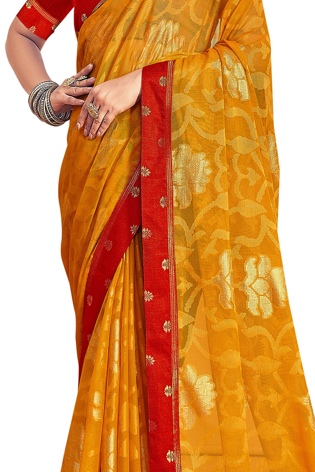 Vamika Yellow Designer Chiffon Brasso Saree With Exclusive Banarasi Lace